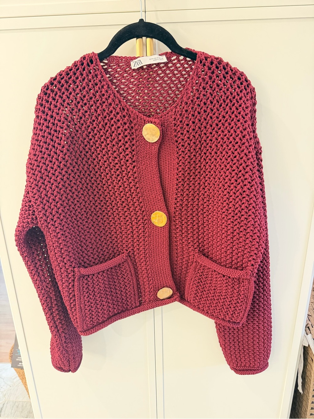 Zara Chunky Knit Button Cardigan - Burgundy with Gold Buttons